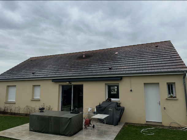 Toiture de maison de plain-pied grisée et tachée avant intervention