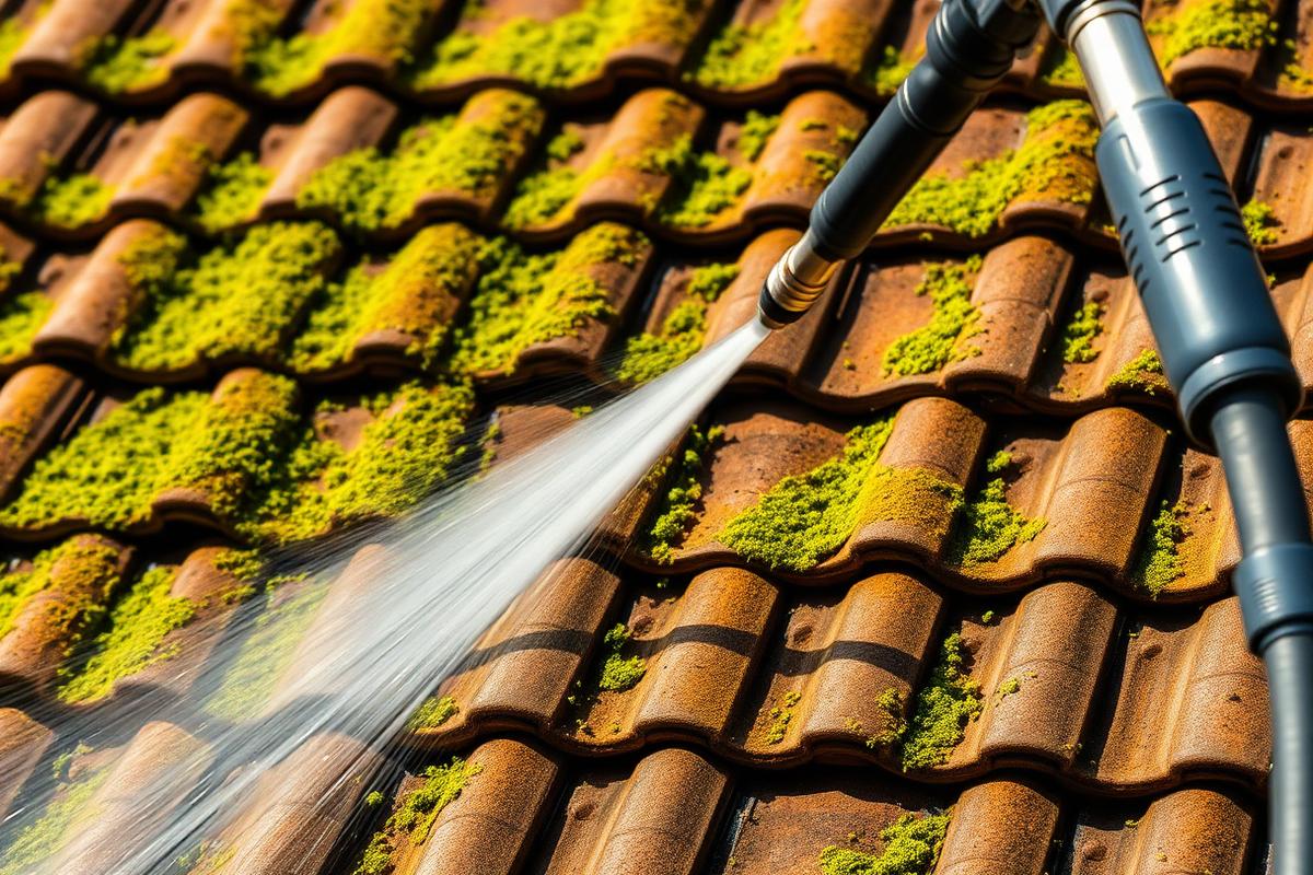 Démoussage d'une toiture couverte de mousse en Essonne par Home Toiture